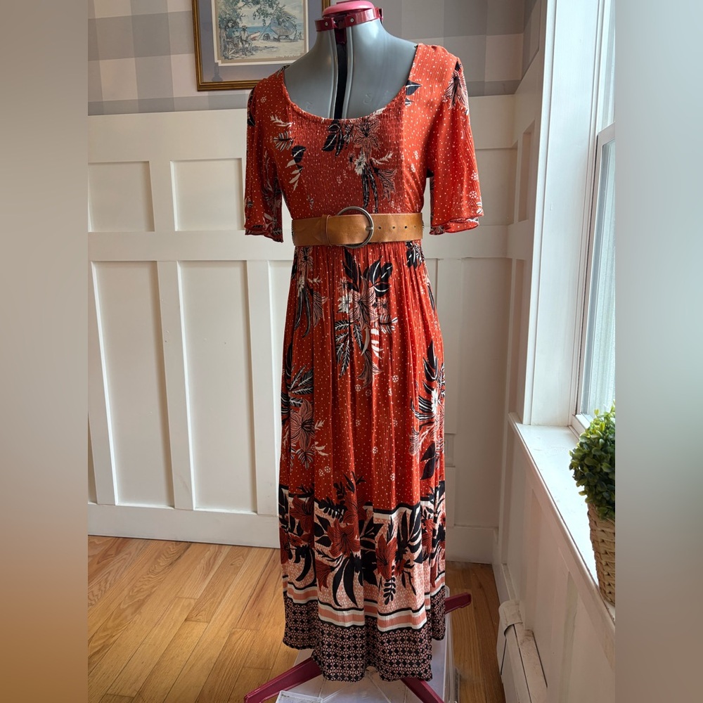 Bohme Orange Floral Backless Dress Size Medium Boho Festival Summer Western